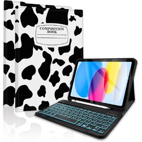 حافظة لوحة مفاتيح TopPerfekt لجهاز iPad الجيل العاشر 10.9 بوصة 2022، قابلة للفصل، قابلة لإعادة الشحن، ماصة مغناطيسيًا، نوم/تنبيه تلقائي، حامل أقلام لجهاز iPad 10.9 بوصة مع لوحة مفاتيح - بقرة سوداء