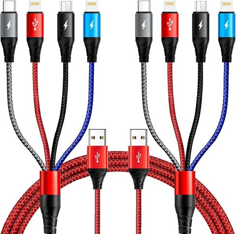 كابل شحن متعدد 3.5 أمبير، 2 حزمة سلك شحن متعدد 6 أقدام مضفر 4 في 1 كابل USB متعدد كابل شاحن سريع مع منافذ Lightning/Type C/Micro USB للهواتف المحمولة/iPhone/Samsung/iPad/PS/الأجهزة اللوحية والمزيد in Kuwait