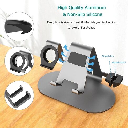 3 in 1 Phone Stand for Desk Aluminum Apple Watch Charger Stand Phone Holder for iPhone 14 13 12 11 All Series, iWatch Series 8/SE2/7/6/SE/5/4/3/2, AirPods, iPad in Saudi Arabia
