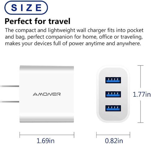 USB Wall Charger, Amoner 2Pack 15W 3-Port USB Plug Cube USB Cube Power Adapter for iPhone 14/13/12/11/Pro/ProMax/Xs/XR/X/8, Galaxy S22 S21 and More and More in Kuwait