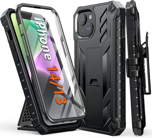 FNTCASE for iPhone 14/13 Case : with Belt-Clip Holster & Kickstand - Heavy Duty Military Grade Protection Cover Shockproof TPU Phone Shell Durable Rugged Full Protective Phonecase - 6.1 inch Black in Saudi Arabia