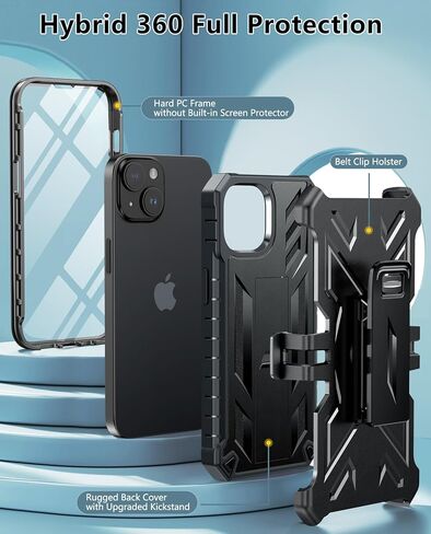 FNTCASE for iPhone 14/13 Case : with Belt-Clip Holster & Kickstand - Heavy Duty Military Grade Protection Cover Shockproof TPU Phone Shell Durable Rugged Full Protective Phonecase - 6.1 inch Black in Saudi Arabia