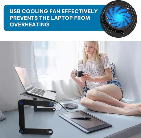 Extra Wide Adjustable Laptop Stand with Cooling Fan & Mouse Pad for 17 Inch Computer, Portable Ergonomic Lap Desk for Bed Sofa Couch Office (Aluminum Table Tray: 19", Black) in Saudi Arabia
