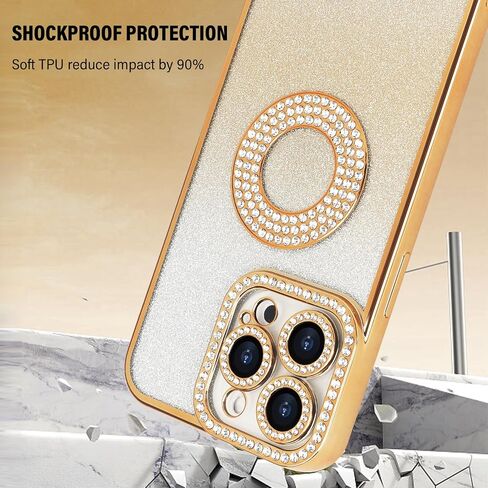 Losin لهاتف iPhone 15 Pro Max Bling Case للنساء والفتيات الفاخرة المتدرجة اللامعة الماسية اللامعة حجر الراين حماية عدسة الكاميرا غطاء سيليكون ناعم مقاوم للصدمات لهاتف iPhone 15 Pro Max 6.7 بوصة، ذهبي in Kuwait