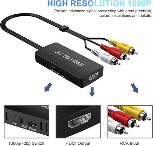 DIGITNOW RCA to HDMI Converter, AV to HDMI Composite Video Audio Converter Adapter, Supports PAL/NTSC for PS2, PS3, STB, VHS, VCR, Blue-Ray DVD in Kuwait