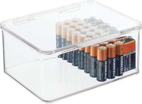 mDesign Plastic Small Stackable Divided Battery Storage Organizer Box with Hinged Lid for AA, AAA, C, D, 9 Volt Sizes, Great Storage for Kitchens, Home Offices, Lumiere Collection, Clear in Saudi Arabia