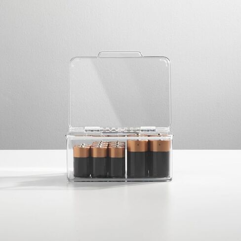 mDesign Plastic Small Stackable Divided Battery Storage Organizer Box with Hinged Lid for AA, AAA, C, D, 9 Volt Sizes, Great Storage for Kitchens, Home Offices, Lumiere Collection, Clear in Saudi Arabia