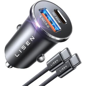 LISEN 95W USB C Fast Car Charger, Dual Port PD 65W Car Charger USB C Fast Charging, Cigarette Lighter Adapter All Metal Fast Charger USB C for iPhone 16 Pro Max 15 14 iPad Samsung Galaxy, Black