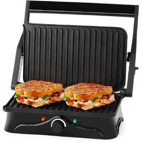 Holstein Housewares 2-Slice Panini Press and Grill - Black/Stainless Steel Sandwich Maker with Non-Stick Coating, Temperature Control, and Drip Tray - Opens 180 Degrees for Versatile Cooking