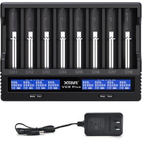 8 bays 21700 18650 Battery Charger XTAR New VC8 Plus 21700 Smart Charger with LCD Display,1A*8 Fast Charger for 3.6V 3.7V Li-ion 10440 18700 26650 1.2V Ni-MH AA AAA C Full Set with DC 12V 3A Adapter