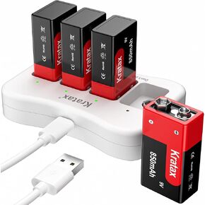 9v Rechargeable Batteries Kratax 4Pack 850mAh High Capacity 9volt 6F22 Lithium-ion Batteries with Fast Charger, 1000 cycles Long-lasting, for Smoke Alarms Guitar Microphones Multimeter Cameras Remotes