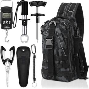 7 Pcs Fish Hook Remover Tools Kit Fishing Backpack Digital Fish Scale Fish Gripper Fishing Pliers Sheath Fishing Tool Lanyards Fish Hook Separator for Saltwater Freshwater (Black, Camo Style)