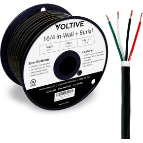 Voltive 16/4 Speaker Wire - 16 AWG/Gauge 4 Conductor - UL Listed in Wall (CL2/CL3) and Outdoor/In Ground (Direct Burial) Rated - Oxygen-Free Copper (OFC) - 250 Foot Bulk Cable Pull Box - Black