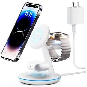 3 in 1 Charging Station for Apple Devices, Mag - Safe Charger Stand,15 W Fast Magnetic Charger Wireless Compatible for iPhone 16 15 14 13 12 Pro/Max/Plus/Mini, AirPods Pro/3/2, iWatch 9/8/7/6/SE/5/4