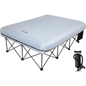 FUNDANGO Camping Cot for Adults 2 Person w/Inflatable Air Mattress, Portable Folding Camping Bed with Frame Side Table Carry Bag for Travel Beach Outdoor, Supports 530 lbs(Grey)