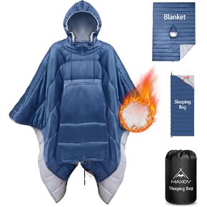 MAXOV Wearable Sleeping Bag Poncho, Stadium Blanket Outdoor Thick&Large Hooded Poncho Cloak Cape Windproof Camping Blanket