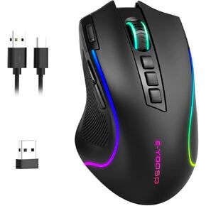 E-YOOSO Gaming Mouse, Tri-Modes Wireless/Bluetooth/Wired Rechargeable RGB Gamer Mice with 2 Side Buttons, Rapid Fire Key, 8000 DPI, 6 Backlit Modes, 9 Programmable Buttons Macro Mouse
