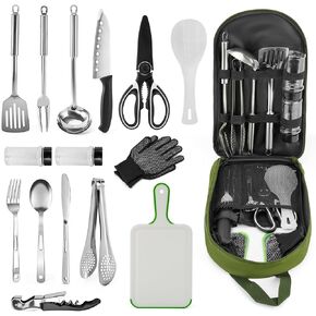 Onlyfire Portable Camping Kitchen Utensil Set, 16 Piece Cookware Kit, Outdoor Cooking and Grilling Utensil Organizer Travel Set Perfect for Travel, Picnic, RV, Camping, Hiking, BBQ, Party, CT606