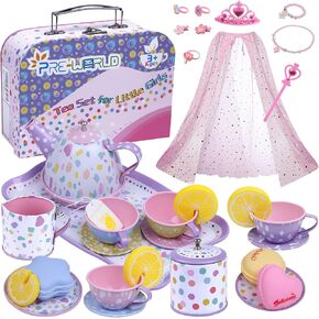 Tea Party Set for Toddles 3-5,PRE-WORLD Musical Kids Tea Set for Little Girls with Dessert,Cookies,Doughnut,Cake,Cake Stand,Tablecloth & Carrying Case,Kitchen Pretend Play Toys for Girls Boys Age 3-6