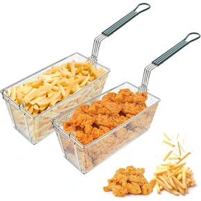 2PCS Deep Fryer Basket with Front Hooks Non-Slip Handle, 13.2"x 6.5"x 5.9" Basket and 11.2" Long Handle Deep Fried Drain Basket for Floor Fryer, Easy Installation