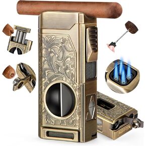 Cigar Lighter, 4 Jet Flame Torch Lighter, Refillable Butane Lighter with Cigar Cutter V Cut Cigar Punch Cigar Holder Cigar Draw Enhancer, Great Cigar Accessories Cool Lighters for Smoking in Gift Box