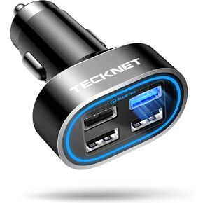 TECKNET USB Car Charger, 54W 4-Port Car USB Charger Multi Port Adapter, QC 3.0 Port Cigarette Lighter Charger, Fast Charging Adapter, Compatible with iPhone 15 Pro Max/15 Plus/15/14/13 Galaxy