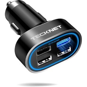 شاحن سيارة USB من TECKNET، محول USB متعدد المنافذ بقدرة 54 وات و4 منافذ، شاحن ولاعة سجائر بمنفذ QC 3.0، محول شحن سريع، متوافق مع iPhone 15 Pro Max/15 Plus/15/14/13 Galaxy