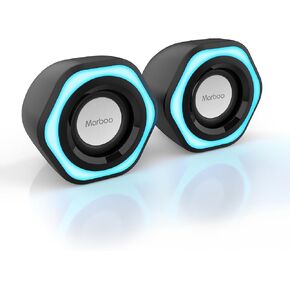 Computer PC Speakers USB Powered 3.5mm AUX Jack Volume Control Ice-Blue LED Light HiFi Stereo Sound Quality Mini Gaming Desktop Monitors Laptops Speakers for Windows PC pad Smartphone Tablet MP3