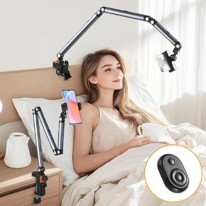 Phone Holder for Desk and Bed with Wireless Remote, Flexible Long Arm Phone Mount for Desk, Aluminum 3-Sections Overhead Phone Mount for All 4-6.5" Cellphones (Silver)