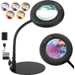 10X Magnifying Glass with Light and Stand, Flexible Gooseneck Magnifying Desk Lamp, 5 Color Modes Stepless Dimmable, Hands Free LED Lighted Magnifier for Painting Crafts Hobby Sewing Close Work