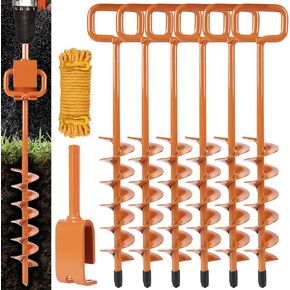 15in Tent Stakes for 2025 - Ground Anchors Screw In, with Tent Stakes Heavy Duty Adapter & 30ft Nylon Rope – Perfect for Tent Anchors, Trampoline Ground Anchors, Mobile Home Anchors(Orange,6PCS)
