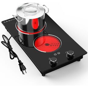110v Electric Cooktop 2 Burners, 12'' Electric Stove Top with Plug in, GTKZW Knob Control Countertop & Built-in Ceramic Cooktop, 9 Power Levels, Child Lock, Timer, Over-Heat Protection