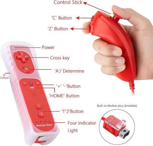 NC 2Pack Motion Plus Wii Controllers مع Nunchucks، وحدات تحكم Wii عن بعد مع المدمج في Motion Plus، متوافقة مع وحدة تحكم Nintendo Wii وWii U، مع حافظة سيليكون وحزام معصم (2 أحمر) in Saudi Arabia