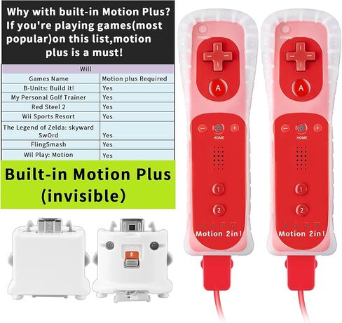 NC 2Pack Motion Plus Wii Controllers مع Nunchucks، وحدات تحكم Wii عن بعد مع المدمج في Motion Plus، متوافقة مع وحدة تحكم Nintendo Wii وWii U، مع حافظة سيليكون وحزام معصم (2 أحمر) in Saudi Arabia