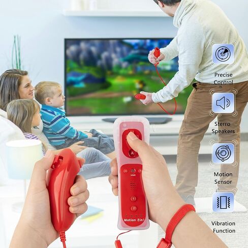 NC 2Pack Motion Plus Wii Controllers مع Nunchucks، وحدات تحكم Wii عن بعد مع المدمج في Motion Plus، متوافقة مع وحدة تحكم Nintendo Wii وWii U، مع حافظة سيليكون وحزام معصم (2 أحمر) in Saudi Arabia