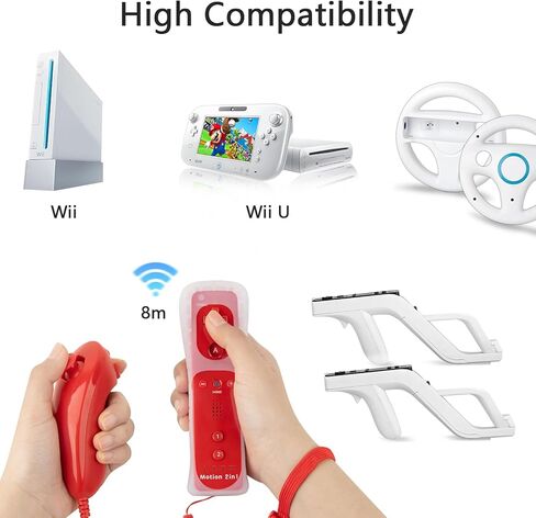 NC 2Pack Motion Plus Wii Controllers مع Nunchucks، وحدات تحكم Wii عن بعد مع المدمج في Motion Plus، متوافقة مع وحدة تحكم Nintendo Wii وWii U، مع حافظة سيليكون وحزام معصم (2 أحمر) in Saudi Arabia