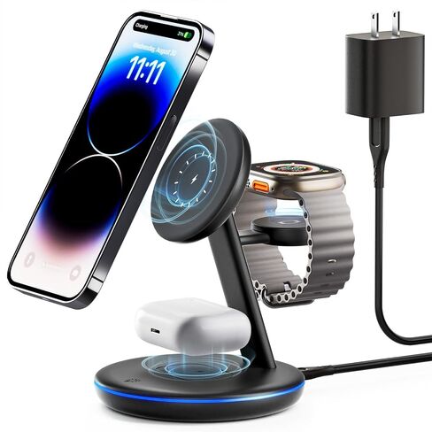 محطة شحن 3 في 1 لأجهزة Apple، Mag - حامل شاحن آمن، شاحن مغناطيسي سريع 15 واط لاسلكي متوافق مع iPhone 16 15 14 13 12 Pro/Max/Plus/Mini، AirPods Pro/3/2، iWatch 9/8/7 /6/SE/5/4 in Saudi Arabia