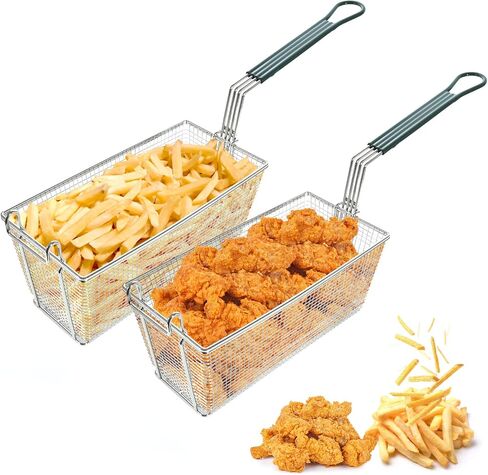 2PCS Deep Fryer Basket with Front Hooks Non-Slip Handle, 13.2"x 6.5"x 5.9" Basket and 11.2" Long Handle Deep Fried Drain Basket for Floor Fryer, Easy Installation in Kuwait