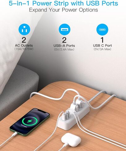 Cruise Essentials، شريط طاقة للسفر USB C، شريط طاقة مسطح مع منفذين و3 منافذ USB (1 USB C)، محطة شحن بسلك تمديد بطول 5 أقدام، واقي غير تصاعدي لسفينة الرحلات البحرية والسفر والمنزل in Saudi Arabia
