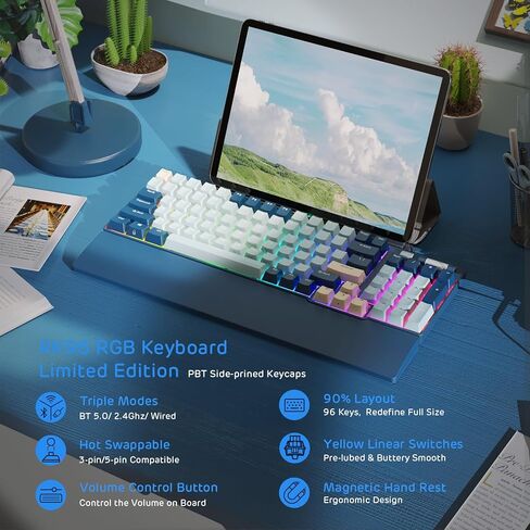 RK ROYAL KLUDGE RK96 RGB Limited Ed, 90% 96 Keys Wireless Triple Mode BT5.0/2.4G/USB-C Hot Swappable Mechanical Keyboard w/Wrist Rest, Software Support & Massive Battery, RK Yellow Switch in Kuwait