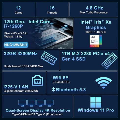 Intel NUC 12, ASUS NUC 12 NUC12WSHi7 Wall Street Canyon Mini Computer 12th Gen Intel Core i7-1260P, 12 Cores(4P+8E), 16 Threads, 18MB Cache, Intel Iris Xe Graphics,32GB RAM, 1TB PCIe SSD, Win 11 Pro in Kuwait