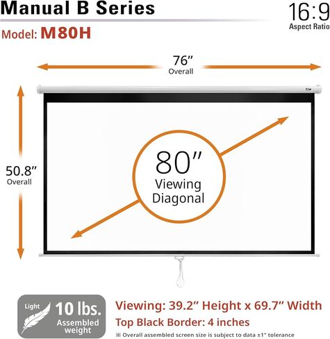 Elite Screens Manual B, 80-INCH Manual Pull Down Projector Screen 4K/8K Home Theater Movie Gaming Projection Screen, M80H in Saudi Arabia