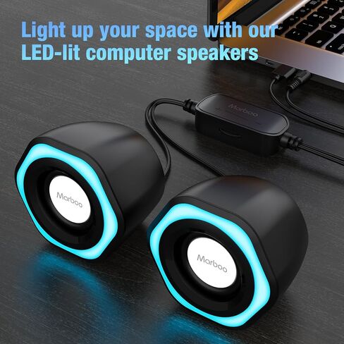 Computer PC Speakers USB Powered 3.5mm AUX Jack Volume Control Ice-Blue LED Light HiFi Stereo Sound Quality Mini Gaming Desktop Monitors Laptops Speakers for Windows PC pad Smartphone Tablet MP3 in Saudi Arabia