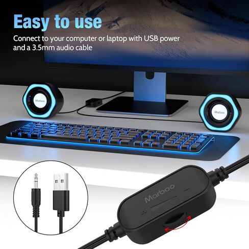 Computer PC Speakers USB Powered 3.5mm AUX Jack Volume Control Ice-Blue LED Light HiFi Stereo Sound Quality Mini Gaming Desktop Monitors Laptops Speakers for Windows PC pad Smartphone Tablet MP3 in Saudi Arabia