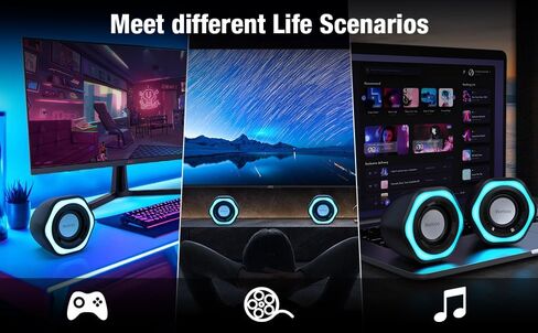 Computer PC Speakers USB Powered 3.5mm AUX Jack Volume Control Ice-Blue LED Light HiFi Stereo Sound Quality Mini Gaming Desktop Monitors Laptops Speakers for Windows PC pad Smartphone Tablet MP3 in Saudi Arabia
