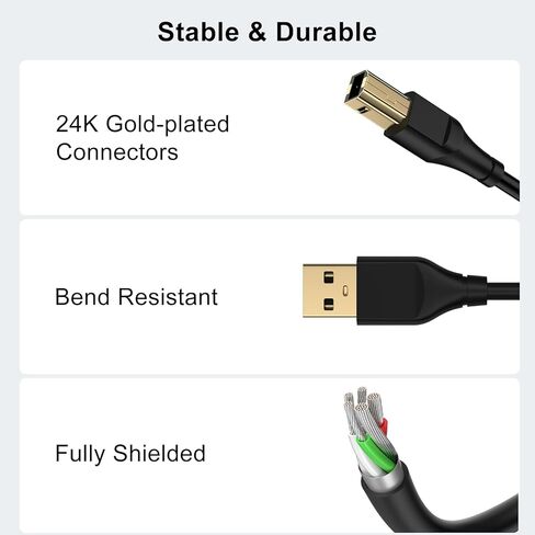 كابل الطابعة بطول 6 أقدام، 2 حزمة من سلك طابعة ماسح ضوئي USB A إلى USB B لـ HP، Canon، Epson، Dell، Brother، Lexmark، Xerox، Samsung، DAC. كابل طابعة USB 2.0 من النوع A ذكر إلى B ذكر للتحكم في البيانو الرقمي MIDI in Kuwait