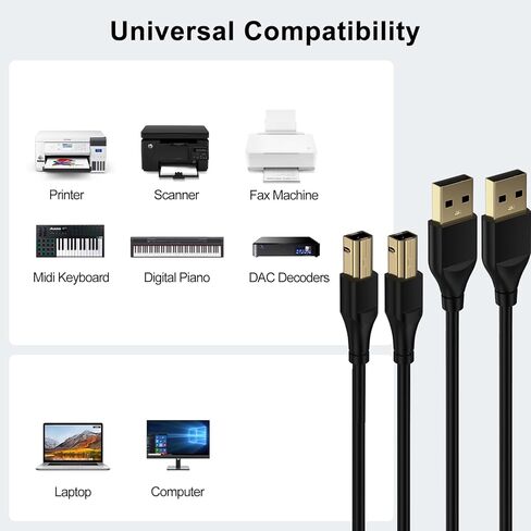 كابل الطابعة بطول 6 أقدام، 2 حزمة من سلك طابعة ماسح ضوئي USB A إلى USB B لـ HP، Canon، Epson، Dell، Brother، Lexmark، Xerox، Samsung، DAC. كابل طابعة USB 2.0 من النوع A ذكر إلى B ذكر للتحكم في البيانو الرقمي MIDI in Kuwait