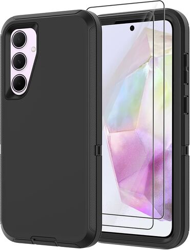 Annymall for Samsung Galaxy A35 5G Case, Military Grade Drop Protection Heavy Duty Cell Phone Cover with 2 Pack Screen Protector 3-Layer Rugged Shockproof Galaxy A35 5G Phone Case (Black) in Saudi Arabia