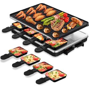 HBN Electric Raclette Grill with 8 Warming Trays, Reversible Grill Plate for Tabletop BBQ, Raclette Party Grill for Indoor Family Gatherings, Parties & Dining