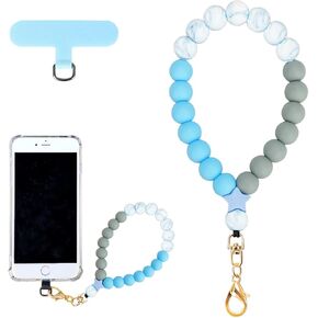 Marble Silicone Beaded Phone Wrist Strap, Cellphone Lanyard with Tether Tab, Elastic Hands-Free Wristlet Bracelet